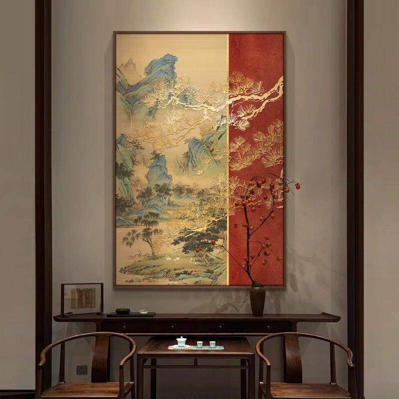 新中式山水风景装饰画餐厅客厅挂画有框金属画框中国风