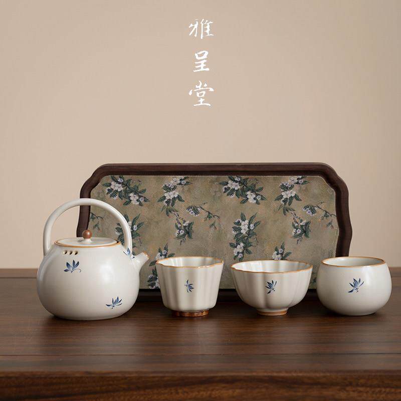 雅呈堂汝窑兰花茶具小套装轻奢高档一壶三杯干泡茶盘陶瓷提梁茶壶