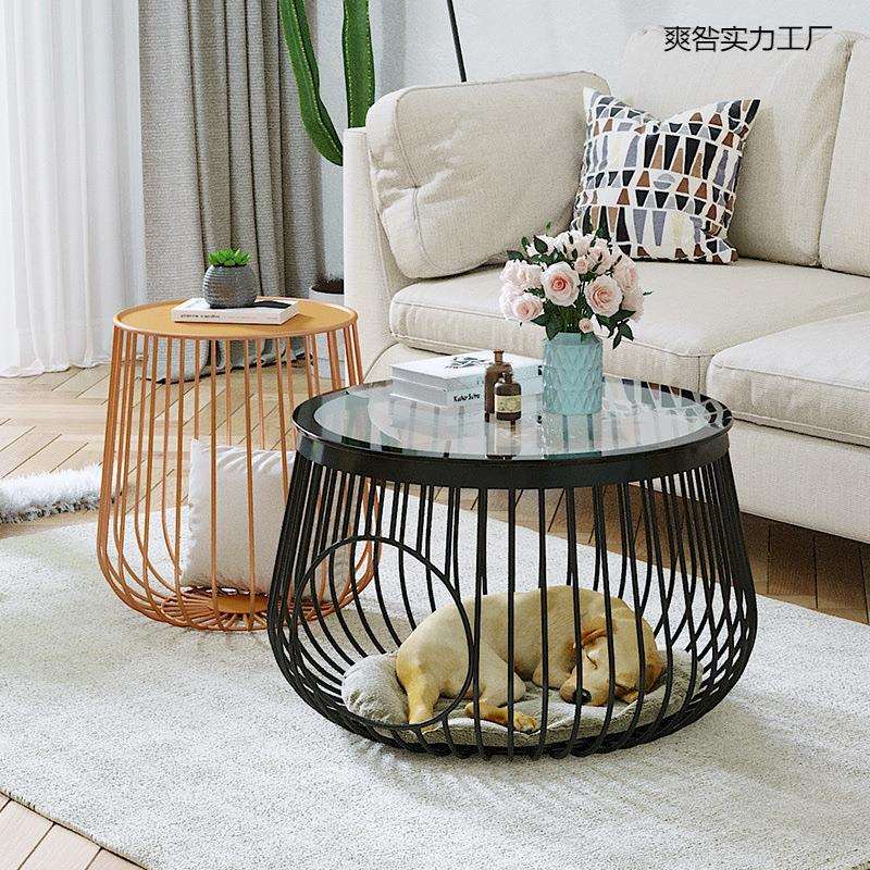 北欧创意铁艺客厅阳台茶台人猫共用茶几小型宠物猫窝家用玻璃茶桌