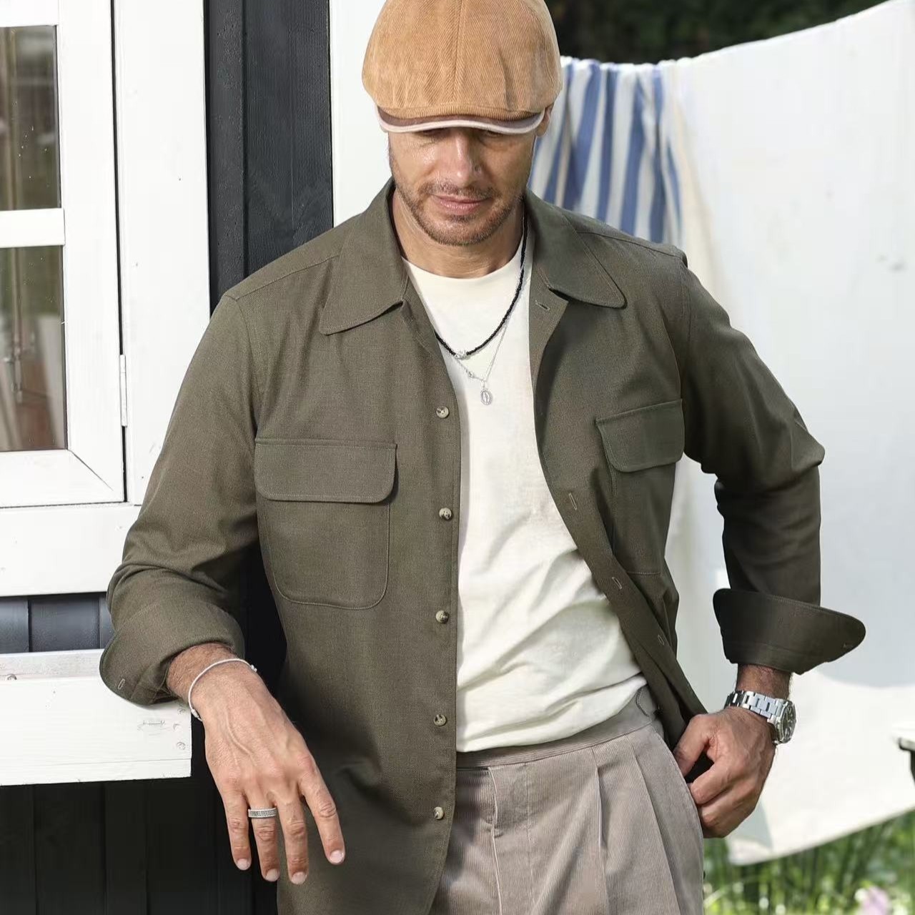 【复古男士】Grayber工装风衬衫式外套橄榄绿美式休闲翻领夹克