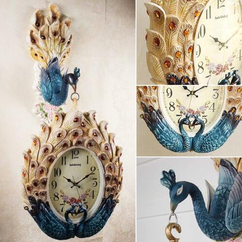 欧式双面挂钟客厅走廊时钟静音大号两面孔雀创意个性田园石英钟表