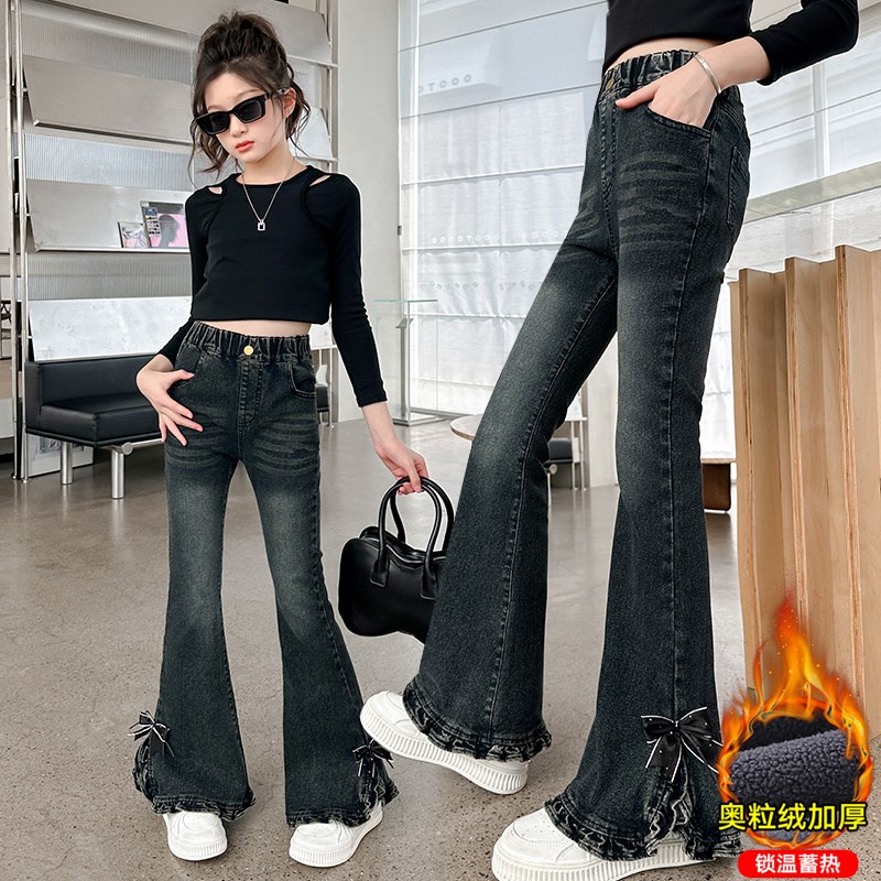 女童加绒喇叭裤秋冬新款中大童加厚一体绒修身裤子洋气儿童牛仔裤