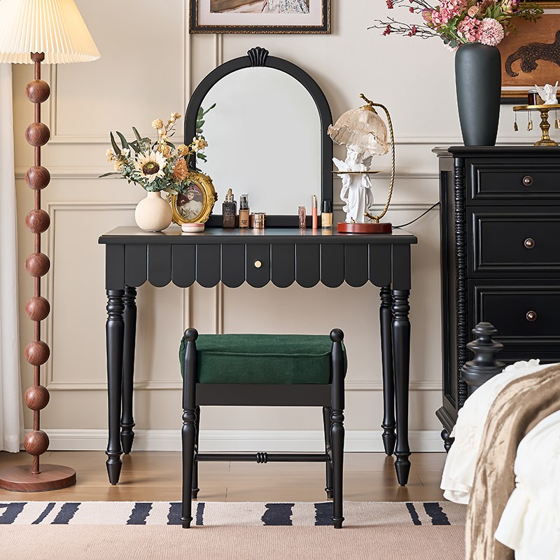 法式主卧室全实木梳妆q台黑色化妆桌镜子小户型轻奢高级感凳子新