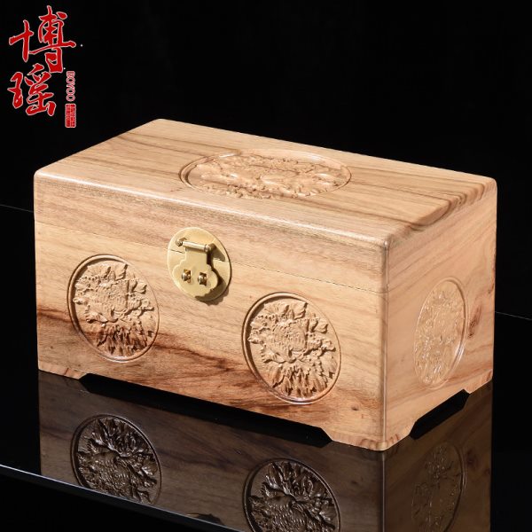香樟木首饰盒婚嫁证件箱雕花嫁妆结婚实木收纳盒储物陪嫁樟木箱子