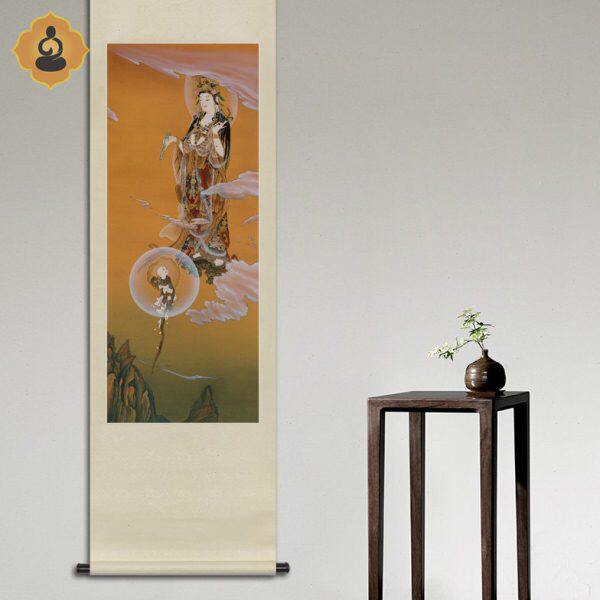 工笔人物国画童子送子观音菩萨画像玄关书房供奉中式卷轴画框挂画