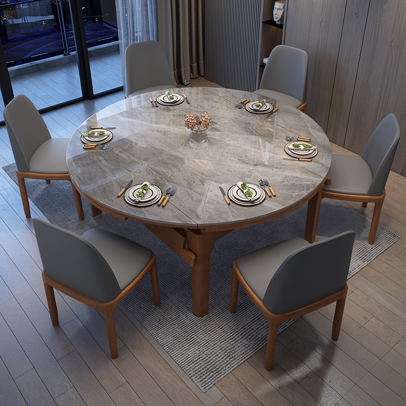 实木岩板餐桌椅组合简约轻奢家用小户型伸O缩折叠可变圆形饭桌