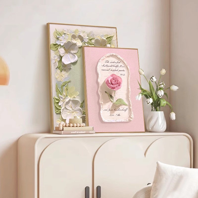 奶油风玫瑰花装饰画高级感玄关斗柜梳妆台摆画客厅卧.室床头挂画