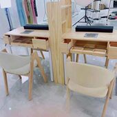 原木色实木美甲桌椅组合俄式 多功能单双三人带抽屉网红化妆台铁艺