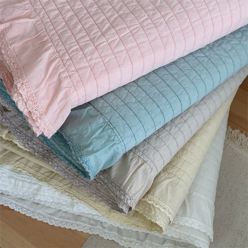 韩式花边c床盖三件套砂洗菲边双面纯色简约绗缝垫子公主风四季床