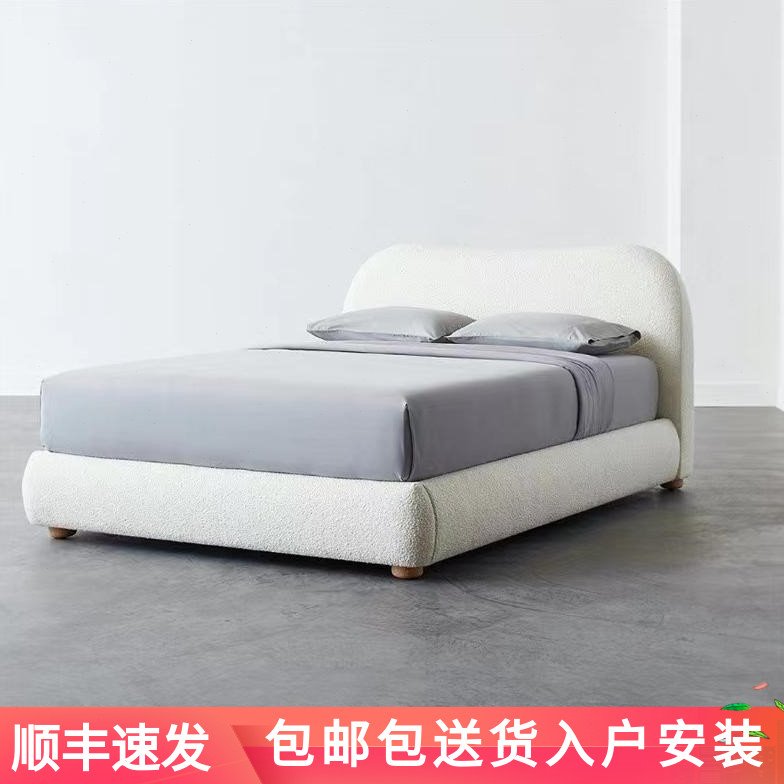 羊羔绒布艺床简约现代小户型双人床米白色北欧次卧轻奢儿童公主床