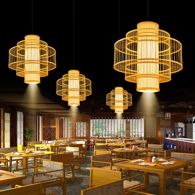 竹编吊灯中式竹艺灯笼饭店餐厅竹灯禅意茶室民宿火锅店带射灯灯具