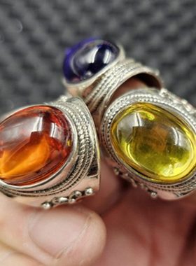 包邮冰种红锆石蛋形玉坠戒指宝蓝色粉色黄色活口戒指仿古指环手饰