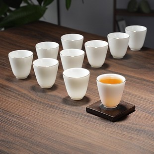 羊脂白玉陶瓷茶杯6个装品茗杯禅A意功夫茶具描金杯子家用客厅茶杯
