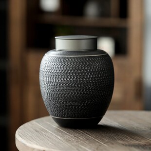 银黑手工跳刀工艺茶叶罐 中式复古风陶瓷储茶罐S 家用密封储物罐