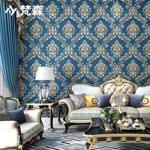3D立体欧式壁纸浮雕奢华无纺布大马士革墙纸客厅卧室蓝色电视背景