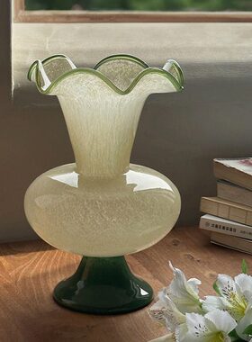 绿色芬顿玻璃花瓶中古法式波浪花边复古情绪稳定插花客厅装饰摆件