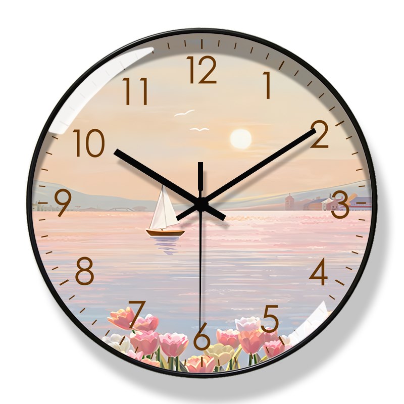 圆形唯美时钟风景日出挂钟客x厅家用帆船挂墙钟表超静音电波钟挂