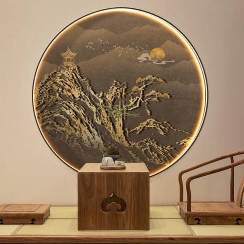 新中式玄关装饰画轻奢圆形山水壁纸高档大气客厅背景墙壁画寓意好