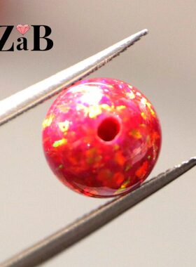 热红色中国红欧泊石圆珠玫粉欧珀裸石球形珠子合成澳宝光珠打全孔