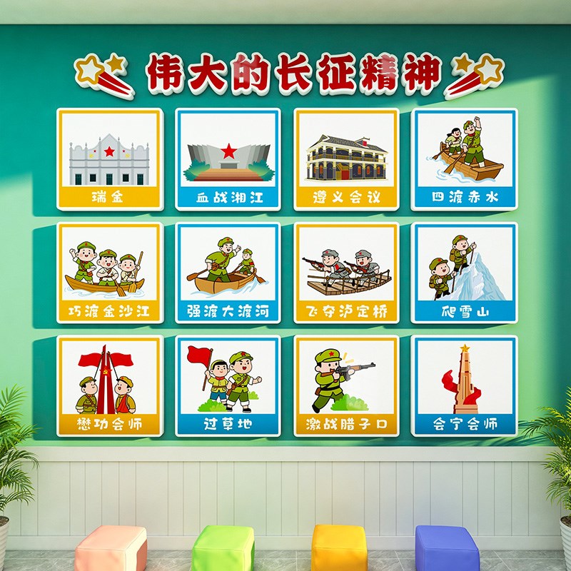 幼儿园爱国环创主题红色军长征精神记忆故事布置文化墙面装饰贴纸
