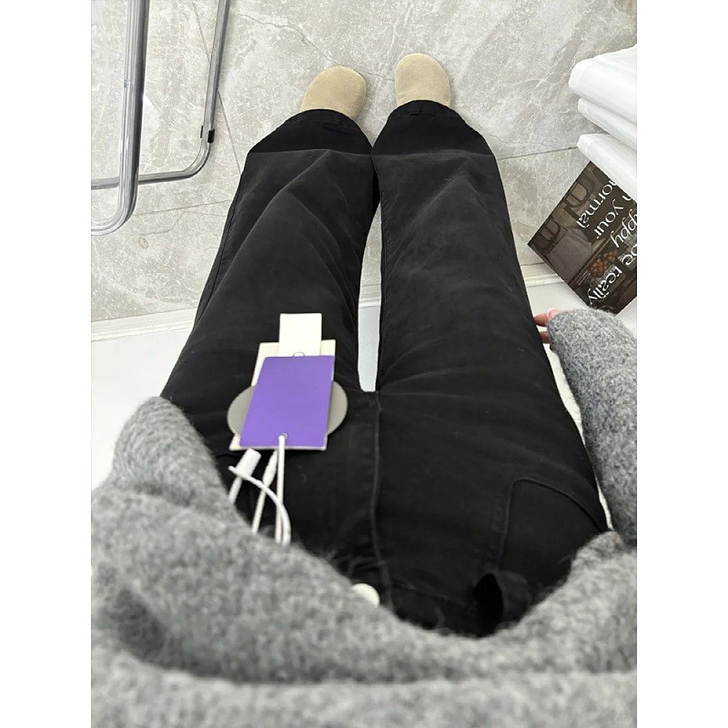 梨形身材加绒裤子女秋冬季大码黑色牛仔裤阔腿宽松不贴腿微喇叭裤