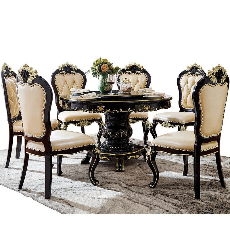 欧式餐桌椅组合 大理石带转盘圆桌奢华6人美式饭桌实木家用小户型