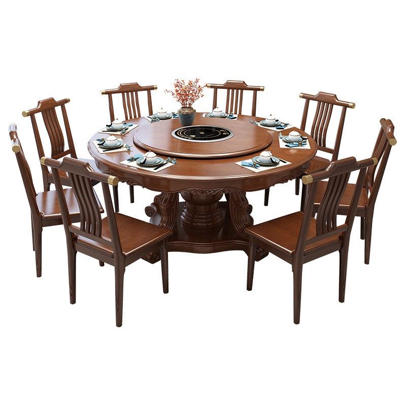 新中式实木餐桌大圆桌带转盘酒店家用圆电磁炉火锅吃饭桌子8/10人