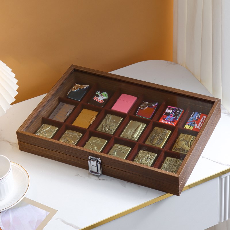 大容量火机收藏收纳盒Zippo煤油火石18格收纳盒透明玻璃带盖保存