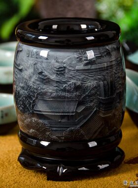 中国特色 清明上河图 水晶浮雕笔筒 送礼佳品 珍藏笔筒 -- 小号