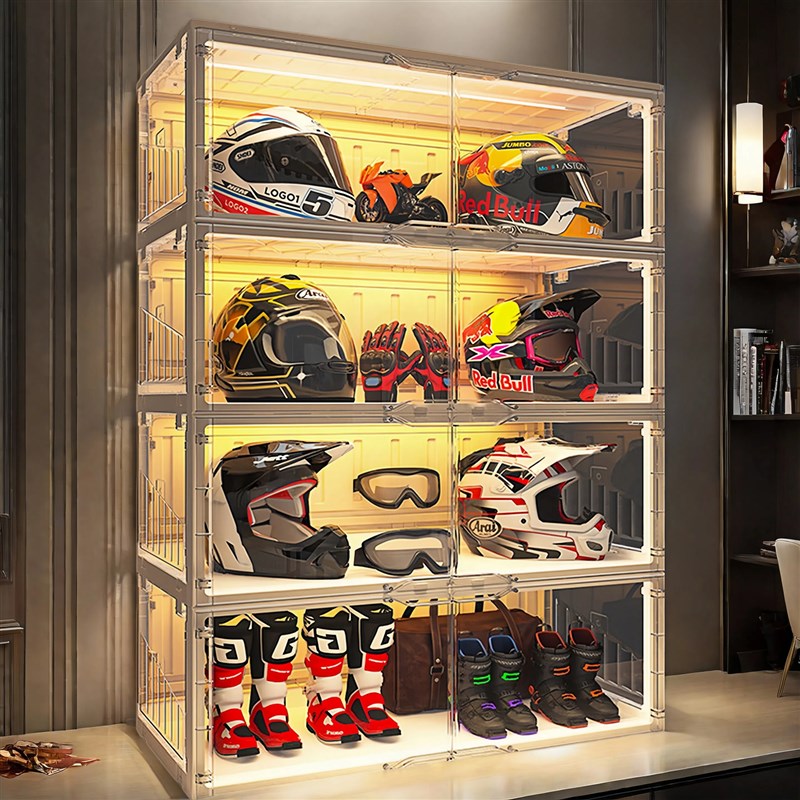安全帽收纳柜机车帽子家用带灯展示盒大容量机车装备箱落地放置架