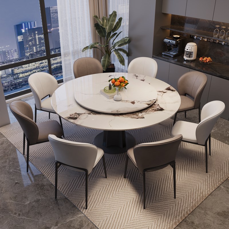 意式依诺岩板圆形餐桌内嵌暖菜转C盘多功能家用带电磁炉轻奢圆餐