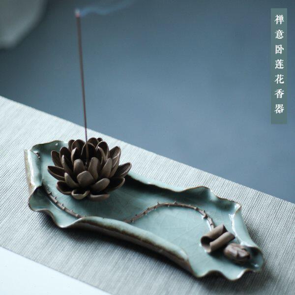 纯手工莲花荷花线香插倒流香三孔大号香托香座家用禅意香盘香道