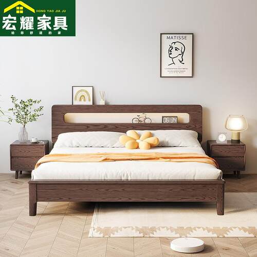 白蜡木实木床现代简约北欧双人床主卧1.8m大婚床多功能储物带夜灯