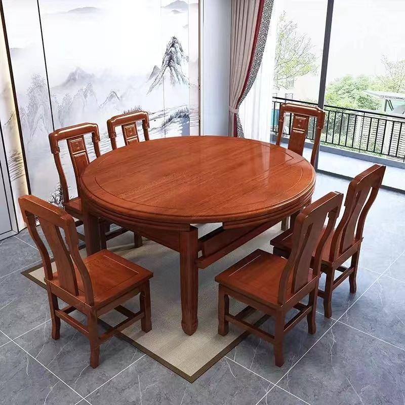 花梨木实木餐桌椅组合家用伸缩折叠可变圆桌中式两用吃饭桌子