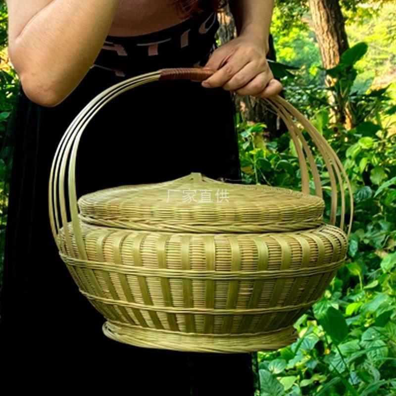 拜神提篮竹编篮带盖复古结婚喜庆竹篮子手提篮编织水果采摘篮