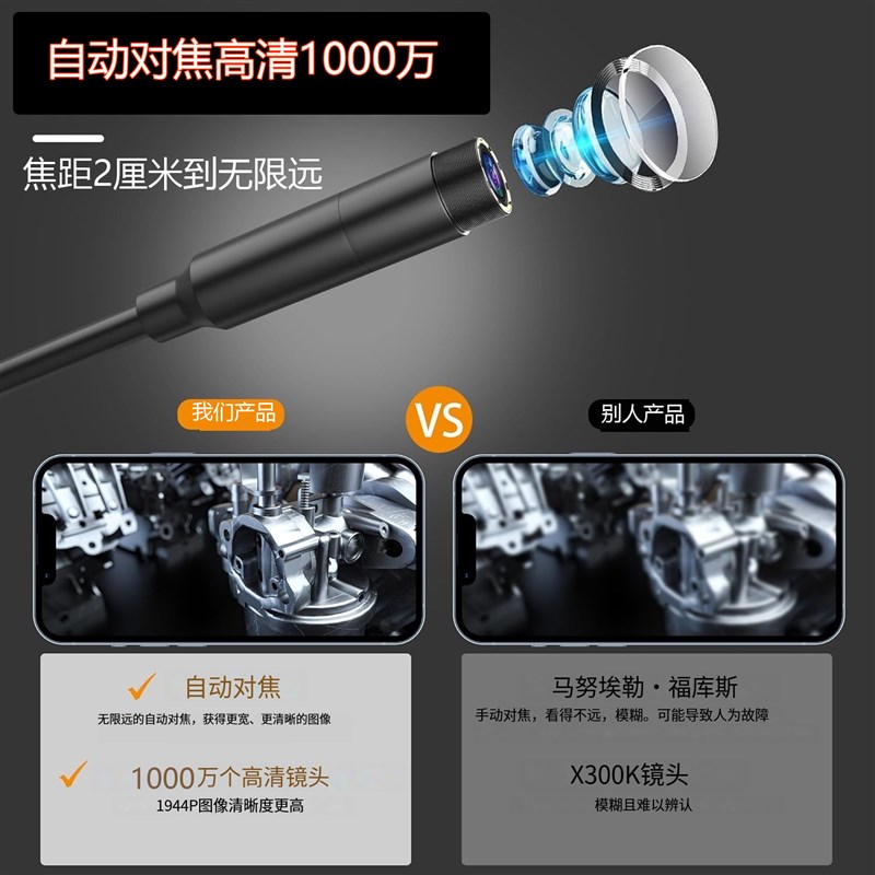 WiFi款自动对焦摄像头高清1000万内窥镜汽修工业管道探头防水防油