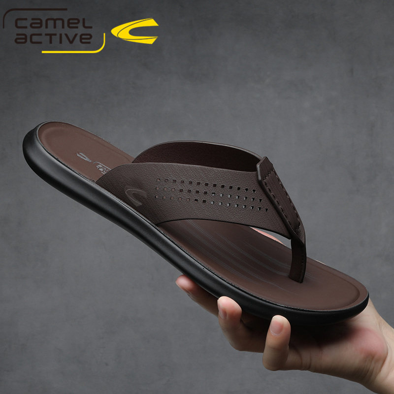 骆驼动感男士人字拖夏季透气防滑真皮外穿休闲凉拖鞋