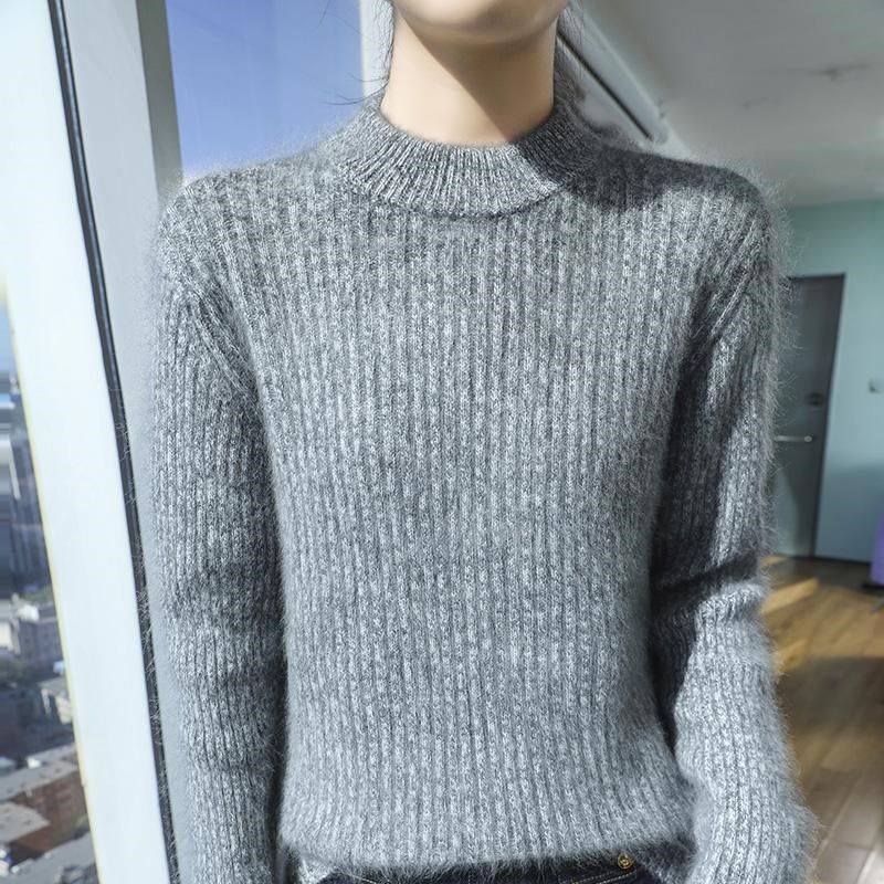 半高领花纱100%纯羊毛衫女士加厚宽松套头毛衣针织打底羊绒衫上衣
