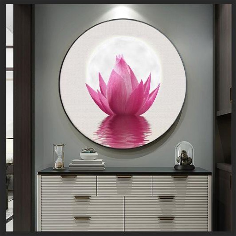 新中式古风荷花装饰画轻奢荷韵壁画餐厅背景墙玄关柜圆形莲花挂画图片