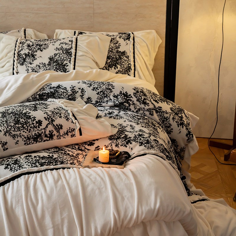 法式复古风保暖加l厚牛奶绒四件套冬季双面珊瑚绒玫瑰刺绣被套床