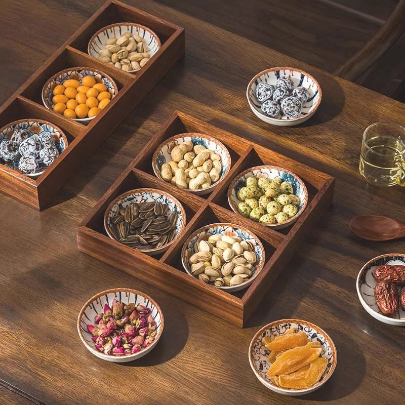 复古色九宫格家用木质托盘四宫格零食干果盘高档茶室会所点心拼盘
