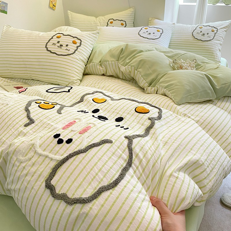卡通水洗棉毛巾绣四件套被套非纯棉全棉床单宿舍床上三件套床品4