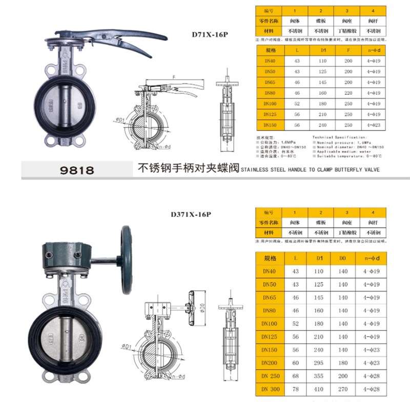 埃美柯9818不锈钢对夹蝶阀304手柄D71X-16P阀门开关DN5065 80 100