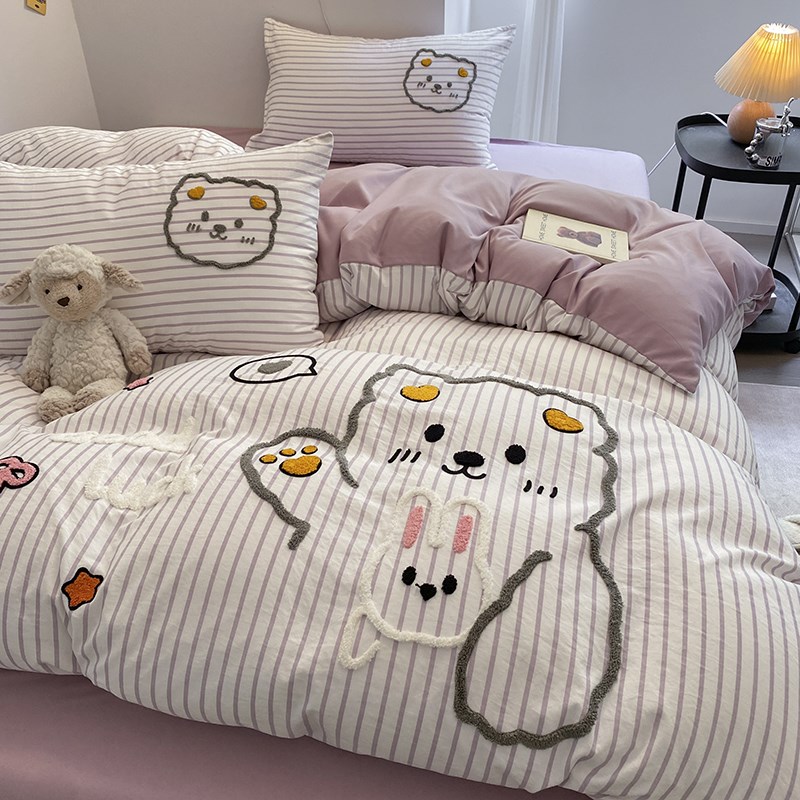 卡通毛巾绣四件套非全棉纯棉学生三件套宿舍床品公主风床单床笠款