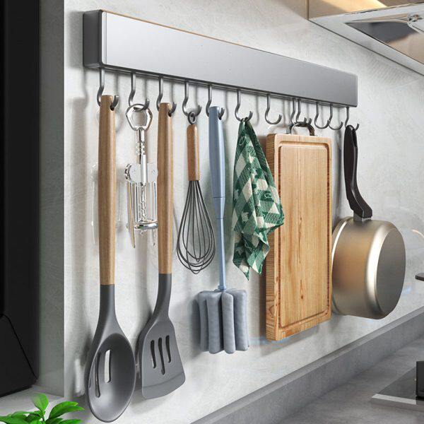 加厚免打孔厨房挂钩架挂杆壁挂多功能厨具挂架勺子铲子置物架移动