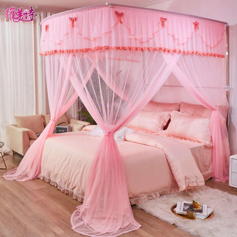 维美诗升a降可伸缩蚊帐三开门落地U型不绣钢支架家用导轨加厚床帘