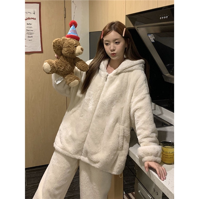可爱小熊连帽珊瑚绒睡衣女冬季加绒加厚秋冬家居服套装冬天可外穿