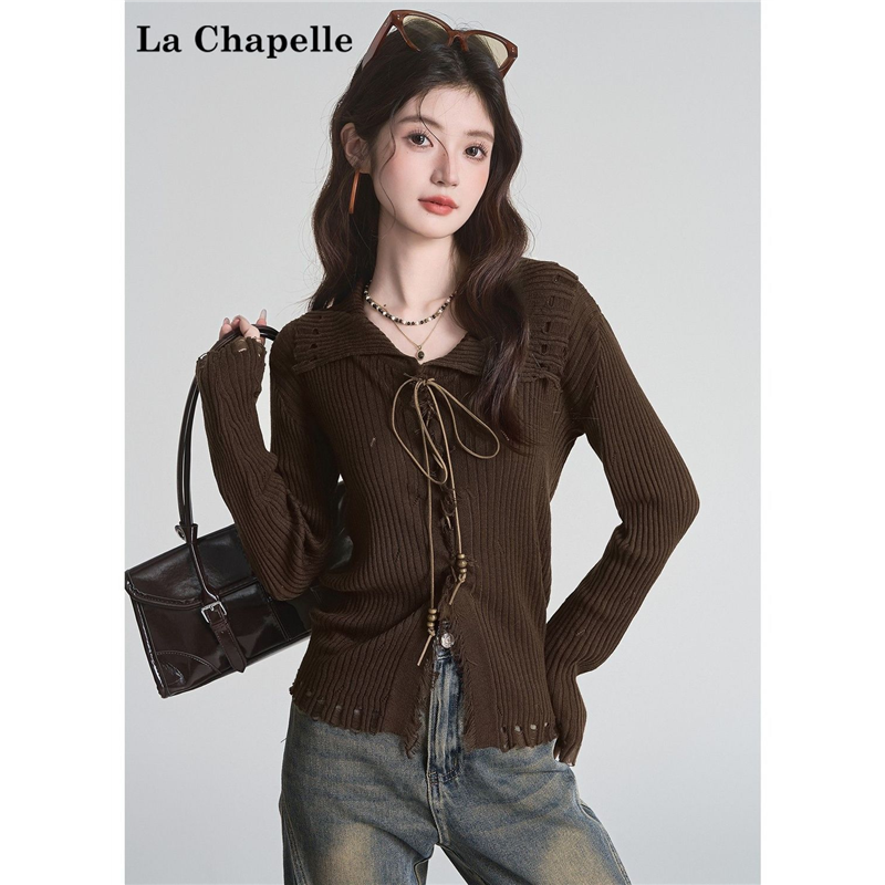 拉夏贝尔咖色毛衣设计感长袖毛边绑带针织开衫女翻领打底上衣秋季