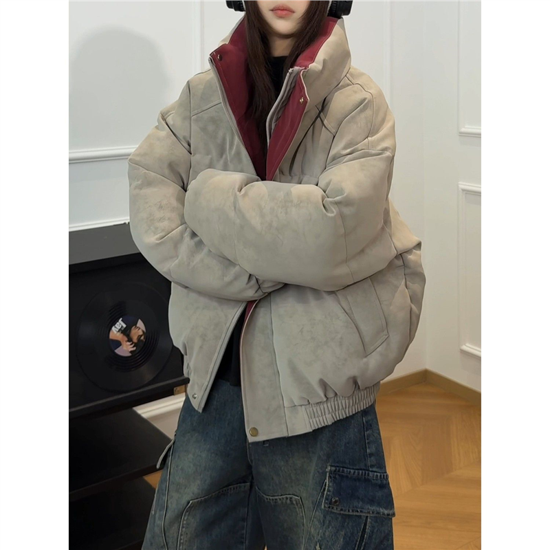 雾面三防立领羽绒棉服男冬季美式穿搭撞色情侣外套PU皮短款面包服