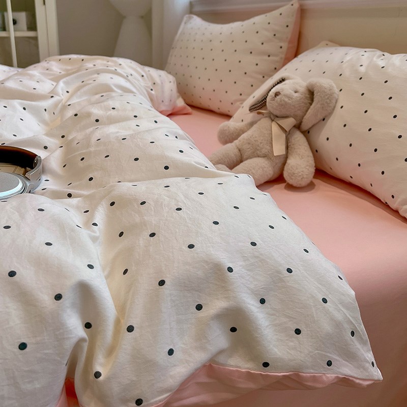 简约风浅粉波点水k洗棉四件套床单被罩大学生被套床笠款宿舍三件